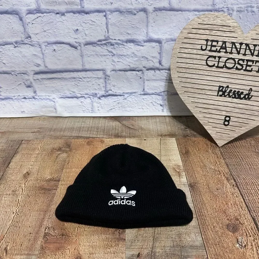 Adidas black beanie white trefoil logo